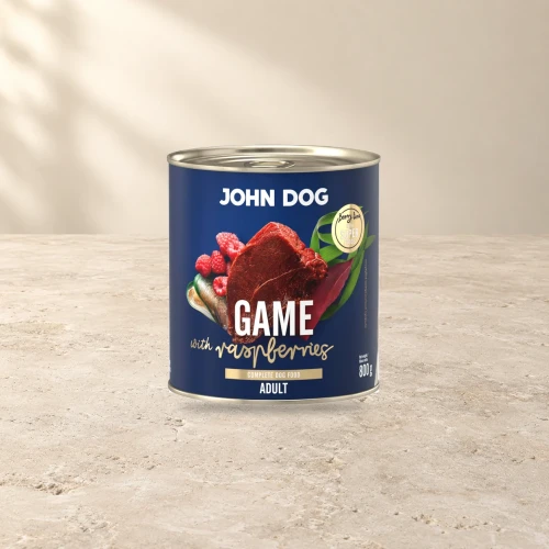 Puszka karmy mokrej John Dog Dziczyzna z malinami Berry Line 800 g na jasnym tle