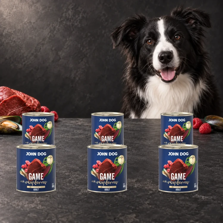 Zestaw 6 puszek karmy mokrej John Dog Dziczyzna z malinami Berry Line po 800 g obok psa