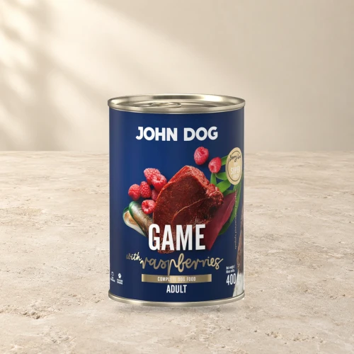 Puszka karmy mokrej John Dog Dziczyzna z malinami Berry Line 400 g na jasnym tle