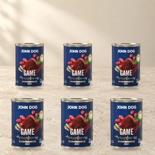 Zestaw 6 puszek karmy mokrej John Dog Dziczyzna z malinami Berry Line po 400 g na jasnym tle