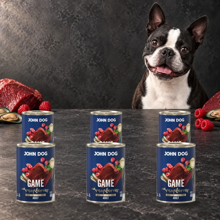 Zestaw 6 puszek karmy mokrej John Dog Dziczyzna z malinami Berry Line po 400 g obok psa