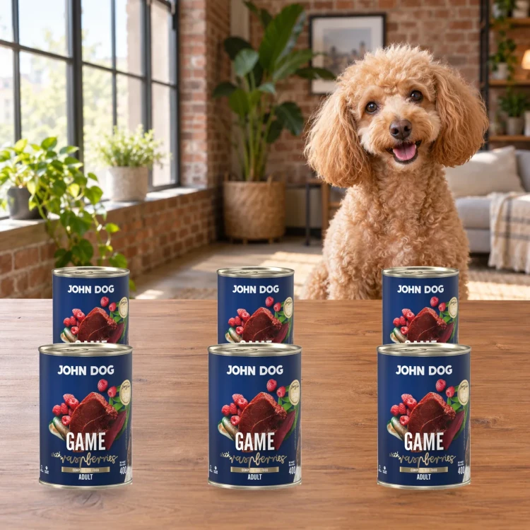 Zestaw 6 puszek karmy mokrej John Dog Dziczyzna z malinami Berry Line po 400 g obok psa w domu