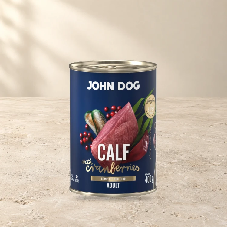 Puszka karmy mokrej John Dog Cielęcina z żurawiną Berry Line 400 g na jasnym tle