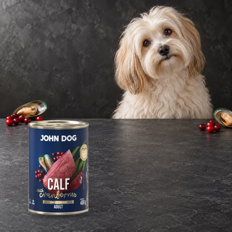 Puszka karmy mokrej John Dog Cielęcina z żurawiną Berry Line 400 g obok psa
