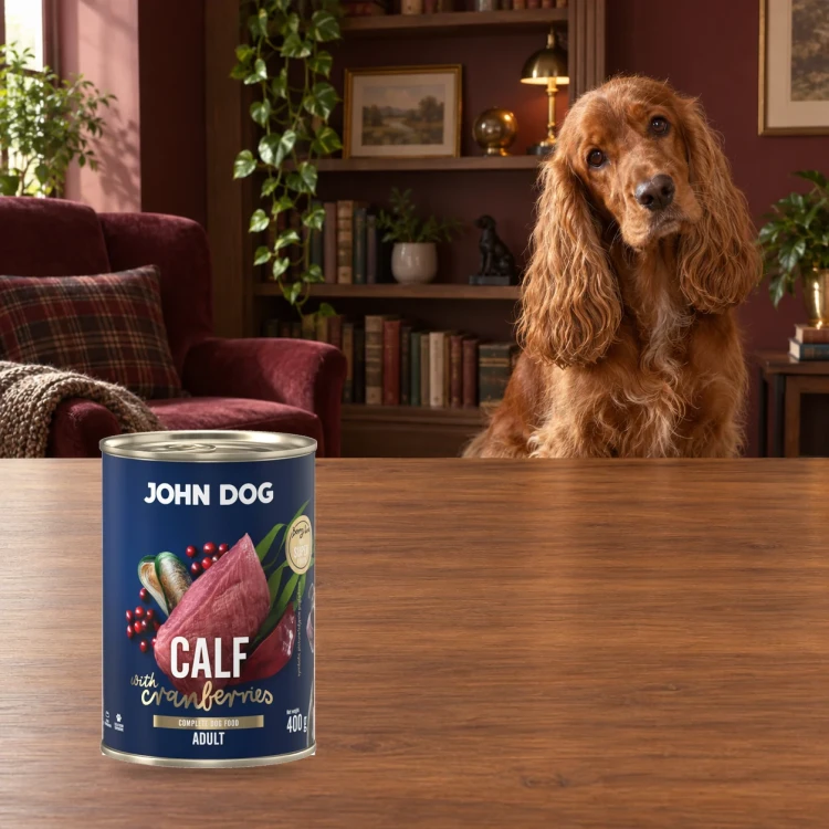 Puszka karmy mokrej John Dog Cielęcina z żurawiną Berry Line 400 g obok psa w domu