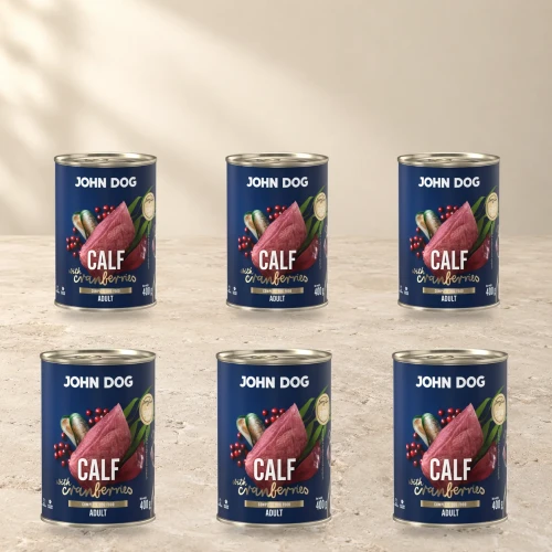 Zestaw 6 puszek karmy mokrej John Dog Cielęcina z żurawiną Berry Line po 400 g na jasnym tle