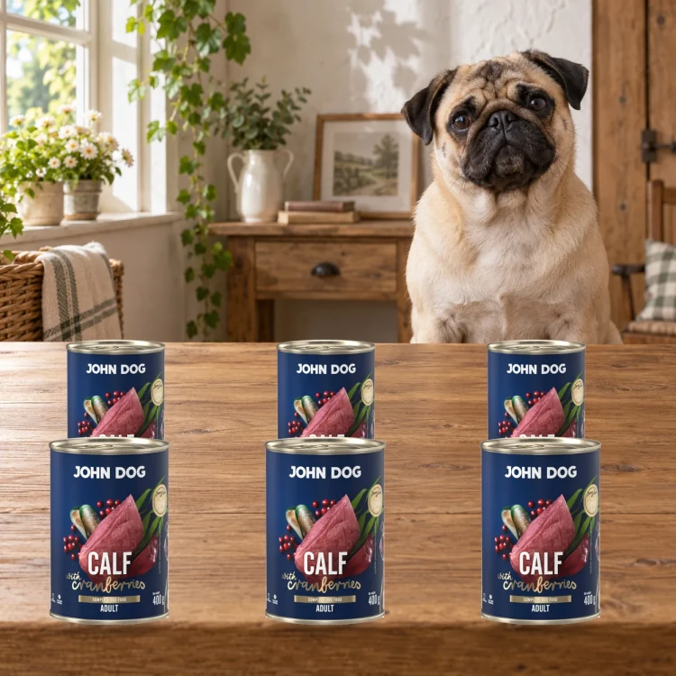 Zestaw 6 puszek karmy mokrej John Dog Cielęcina z żurawiną Berry Line po 400 g obok psa w domu