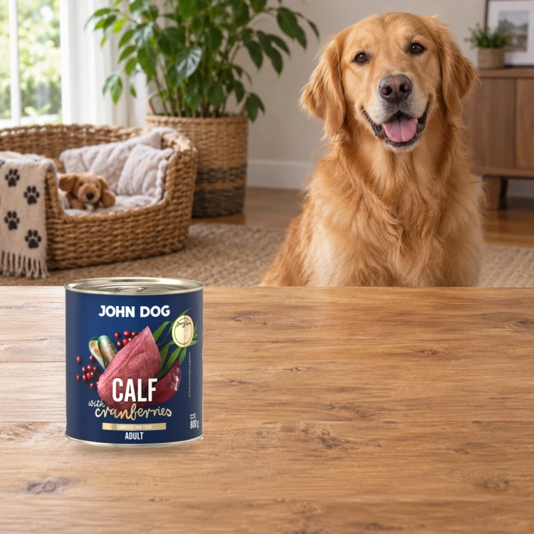Puszka karmy mokrej John Dog Cielęcina z żurawiną Berry Line 800 g obok psa w domu