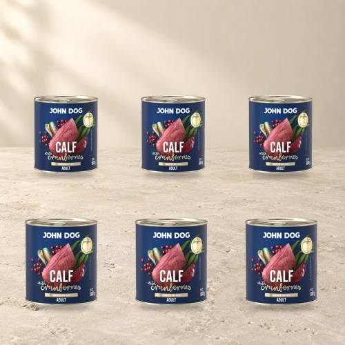 Zestaw 6 puszek karmy mokrej John Dog Cielęcina z żurawiną Berry Line po 800 g na jasnym tle