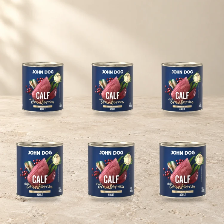 Zestaw 6 puszek karmy mokrej John Dog Cielęcina z żurawiną Berry Line po 800 g na jasnym tle