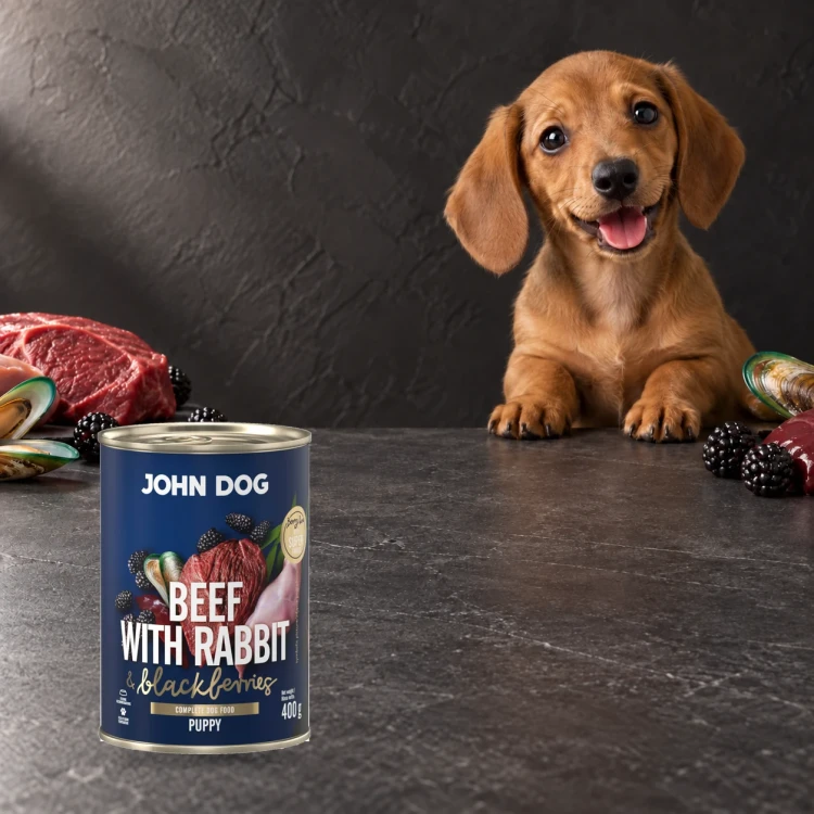 Puszka karmy mokrej John Dog Wołowina z królikiem i jeżynami Junior Berry Line 400 g obok szczeniaka