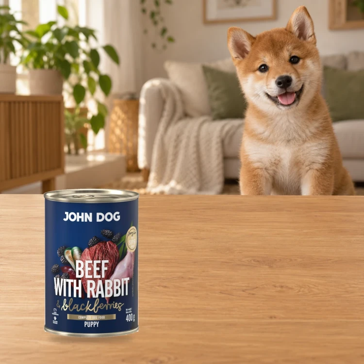 Puszka karmy mokrej John Dog Wołowina z królikiem i jeżynami Junior Berry Line 400 g obok szczeniaka w domu