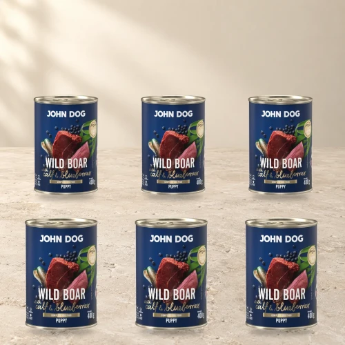 Zestaw 6 puszek karmy mokrej John Dog Dzik z cielęciną i jagodami Junior Berry Line po 400 g na jasnym tle
