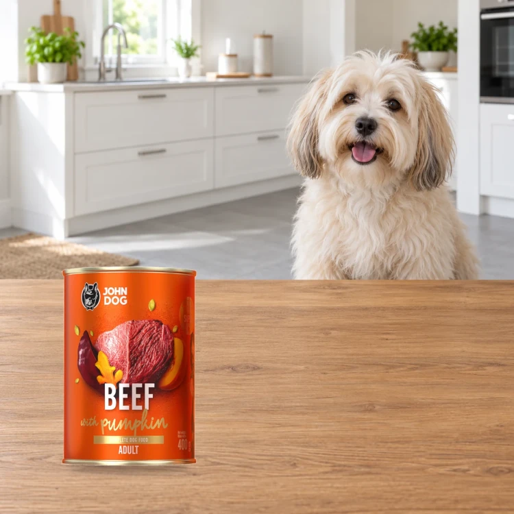 Puszka karmy mokrej John Dog Wołowina z dynią Pumpkin Line 400 g obok psa w domu