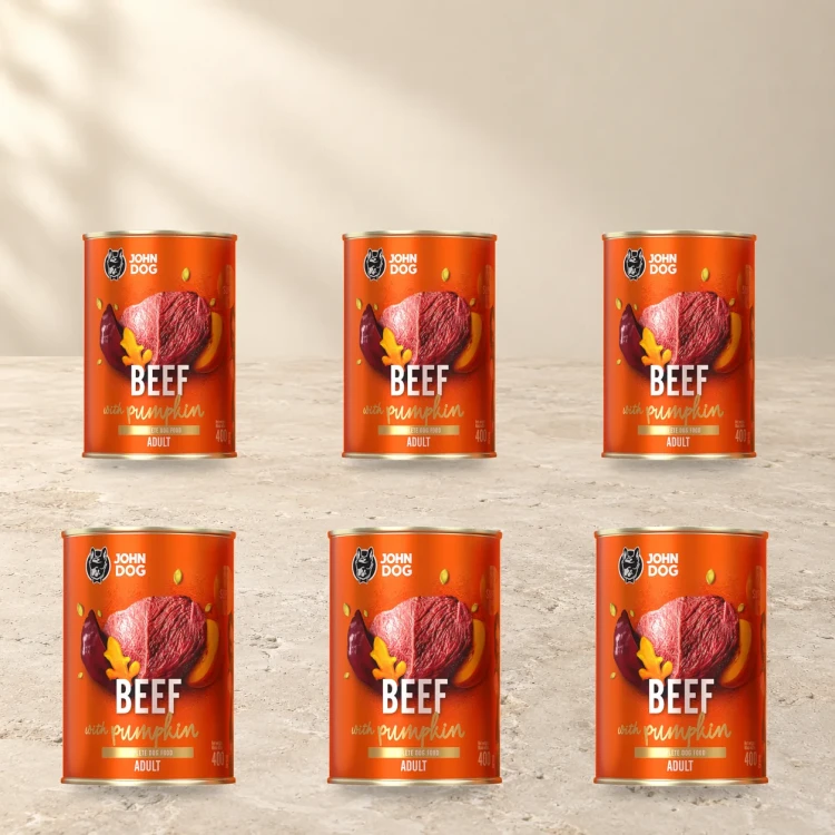 Zestaw 6 puszek karmy mokrej John Dog Wołowina z dynią Pumpkin Line po 400 g na jasnym tle