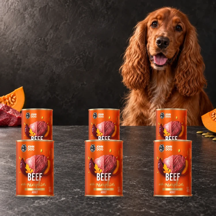 Zestaw 6 puszek karmy mokrej John Dog Wołowina z dynią Pumpkin Line po 400 g obok psa