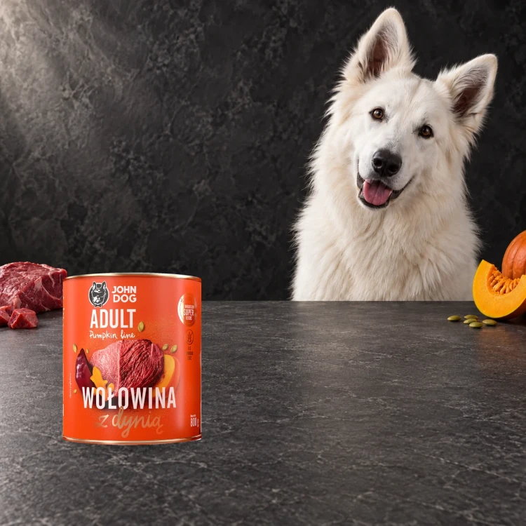 Puszka karmy mokrej John Dog Wołowina z dynią Pumpkin Line 800 g obok psa