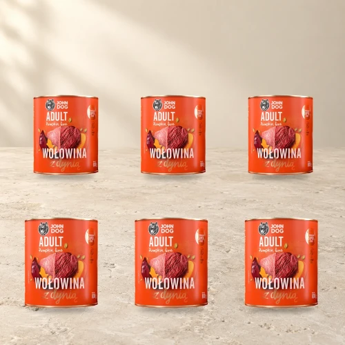 Zestaw 6 puszek karmy mokrej John Dog Wołowina z dynią Pumpkin Line po 800 g na jasnym tle