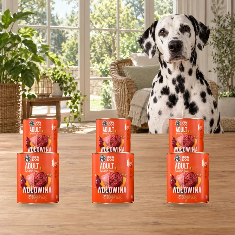 Zestaw 6 puszek karmy mokrej John Dog Wołowina z dynią Pumpkin Line po 800 g obok psa w domu