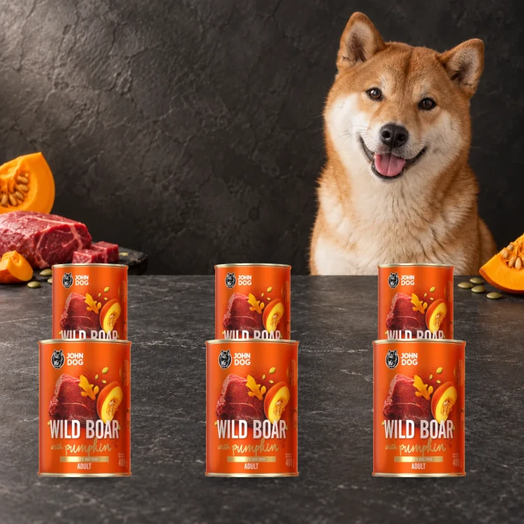 Zestaw 6 puszek karmy mokrej John Dog Dzik z dynią Pumpkin Line po 400 g obok psa