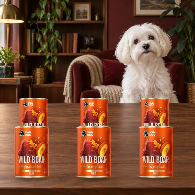 Zestaw 6 puszek karmy mokrej John Dog Dzik z dynią Pumpkin Line po 400 g obok psa w domu