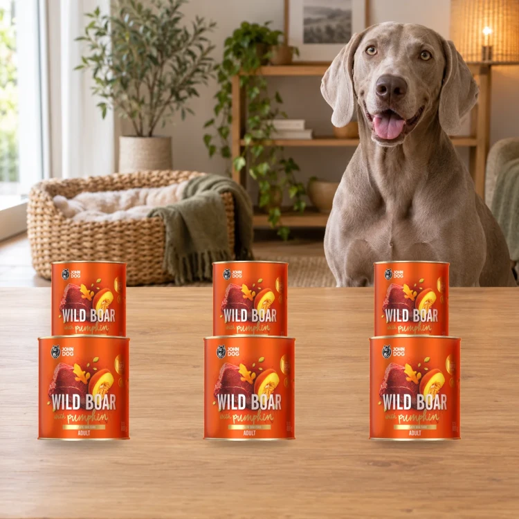 Zestaw 6 puszek karmy mokrej John Dog Dzik z dynią Pumpkin Line po 800 g obok psa w domu