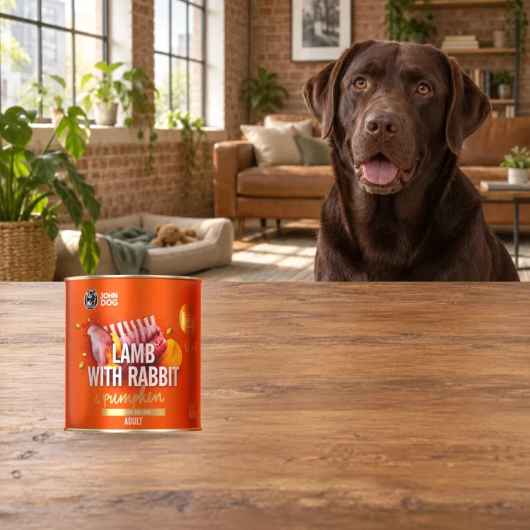 Puszka karmy mokrej John Dog Jagnięcina z królikiem i dynią Pumpkin Line 800 g obok psa w domu