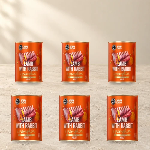 Zestaw 6 puszek karmy mokrej John Dog Jagnięcina z królikiem i dynią Pumpkin Line po 400 g na jasnym tle