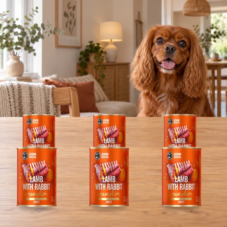 Zestaw 6 puszek karmy mokrej John Dog Jagnięcina z królikiem i dynią Pumpkin Line po 400 g obok psa w domu