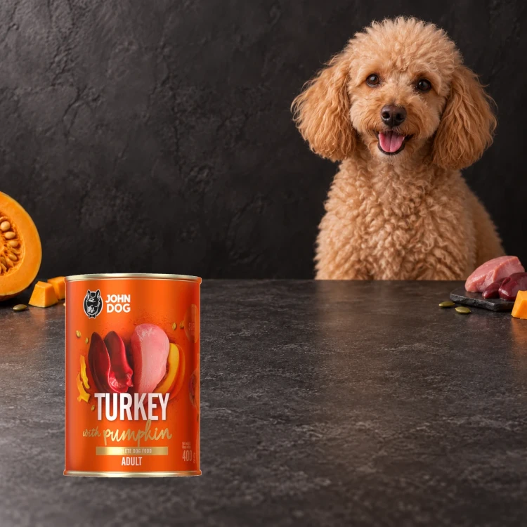 Puszka karmy mokrej John Dog Indyk z dynią Pumpkin Line 400 g obok psa