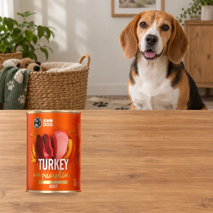Puszka karmy mokrej John Dog Indyk z dynią Pumpkin Line 400 g obok psa w domu