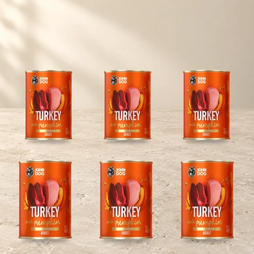 Zestaw 6 puszek karmy mokrej John Dog Indyk z dynią Pumpkin Line po 400 g na jasnym tle