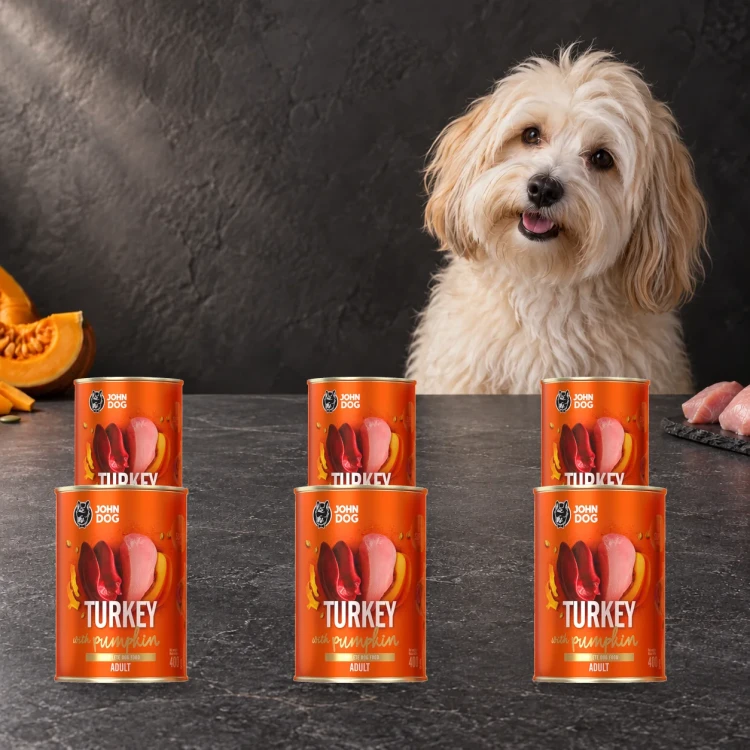 Zestaw 6 puszek karmy mokrej John Dog Indyk z dynią Pumpkin Line po 400 g obok psa