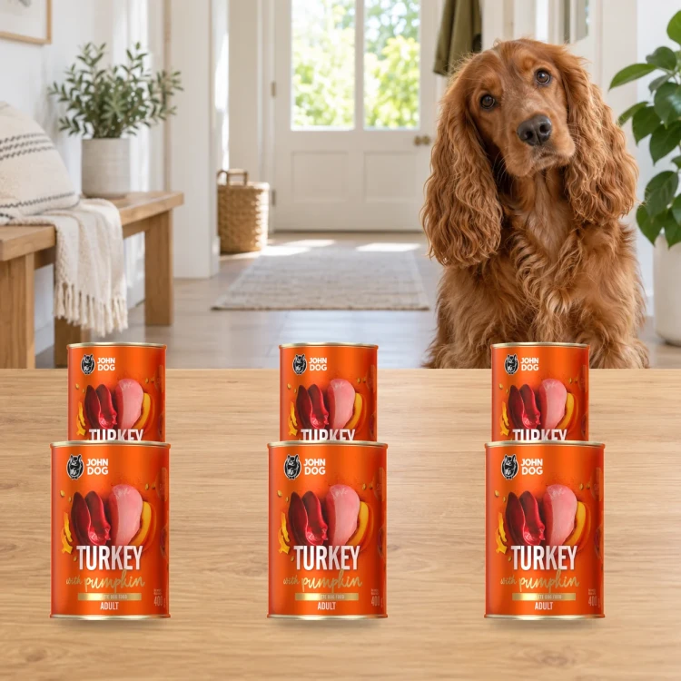 Zestaw 6 puszek karmy mokrej John Dog Indyk z dynią Pumpkin Line po 400 g obok psa w domu