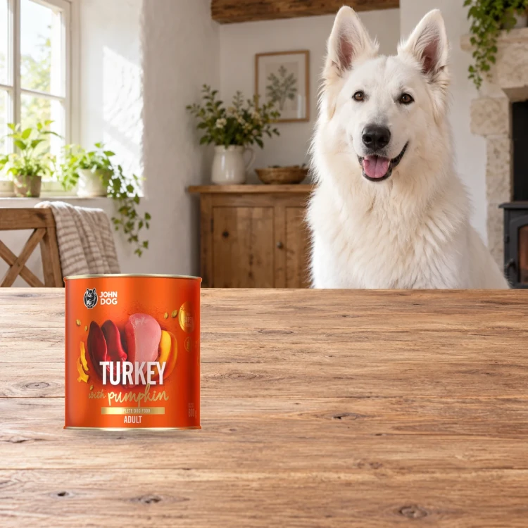Puszka karmy mokrej John Dog Indyk z dynią Pumpkin Line 800 g obok psa w domu