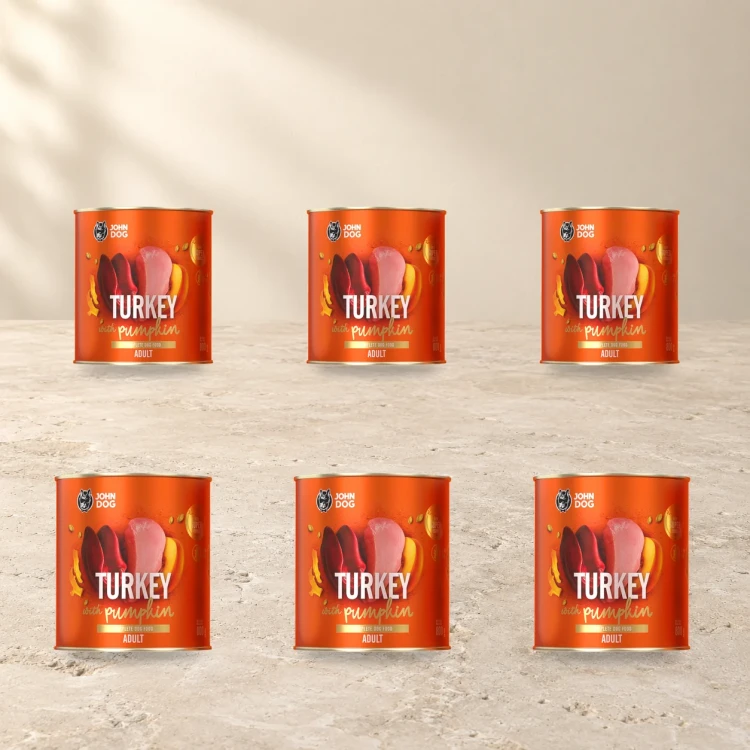 Zestaw 6 puszek karmy mokrej John Dog Indyk z dynią Pumpkin Line po 800 g na jasnym tle