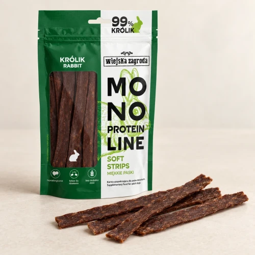Miękkie paski z królikiem obok opakowania Wiejska Zagroda Mono Protein Line 100 g