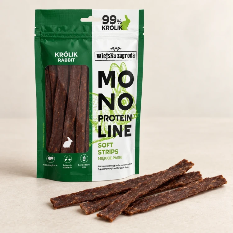 Miękkie paski z królikiem obok opakowania Wiejska Zagroda Mono Protein Line 100 g
