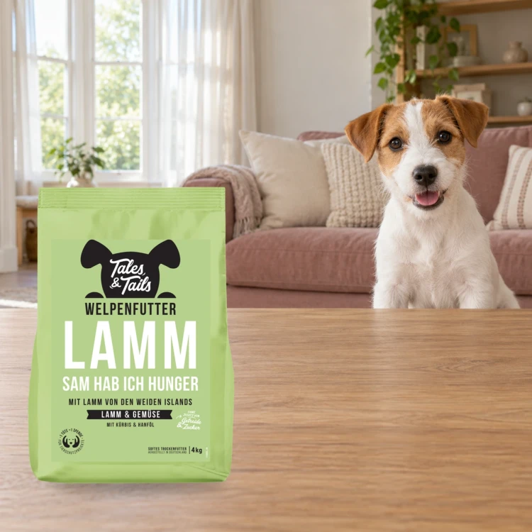Karma półwilgotna Tales & Tails 4 kg z jagnięciną dla szczeniąt obok szczenięcia w domu.