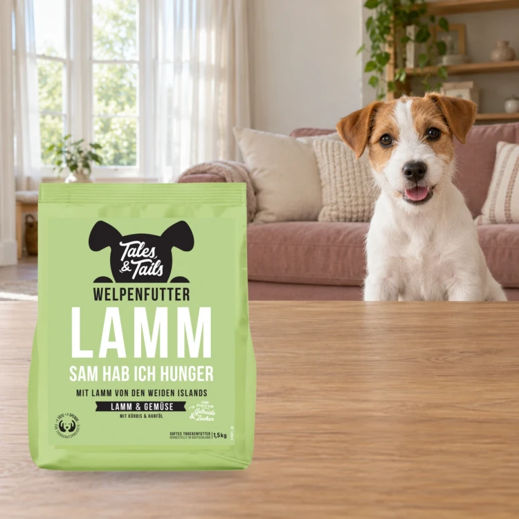 Karma półwilgotna Tales & Tails 1,5 kg z jagnięciną dla szczeniąt obok szczenięcia w domu.