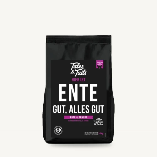 Karma półwilgotna Tales & Tails 4 kg z kaczką dla dorosłych psów na jasnym tle.