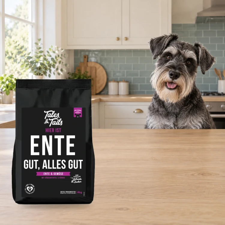 Karma półwilgotna Tales & Tails 4 kg z kaczką dla dorosłych psów obok psa w domu.