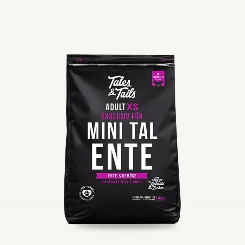 Karma półwilgotna Tales & Tails 4 kg z kaczką dla dorosłych psów małych ras na jasnym tle.