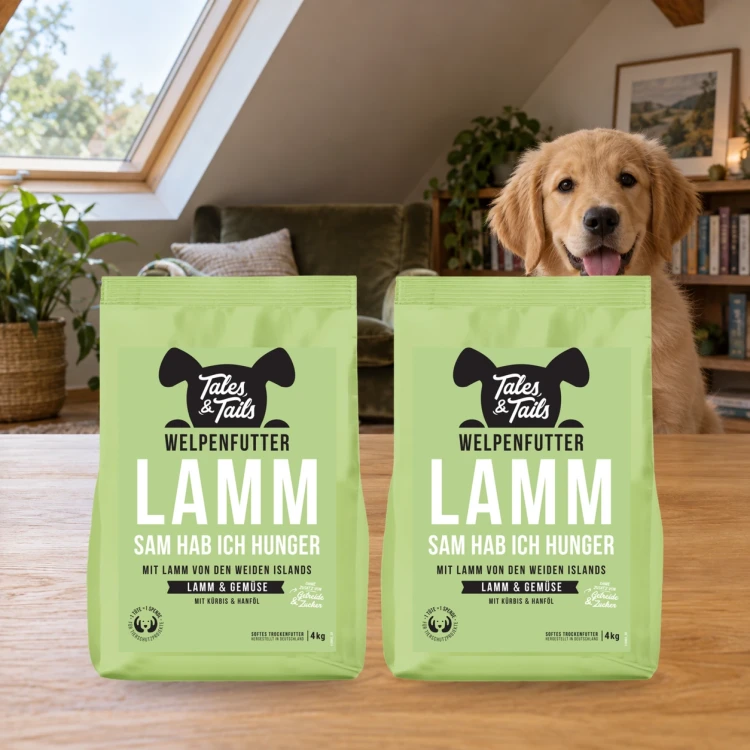 Zestaw Tales & Tails 2 × 4 kg z jagnięciną dla szczeniąt obok szczenięcia w domu.