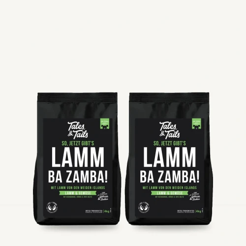 Zestaw Tales & Tails 2 × 4 kg z jagnięciną dla dorosłych psów na jasnym tle.