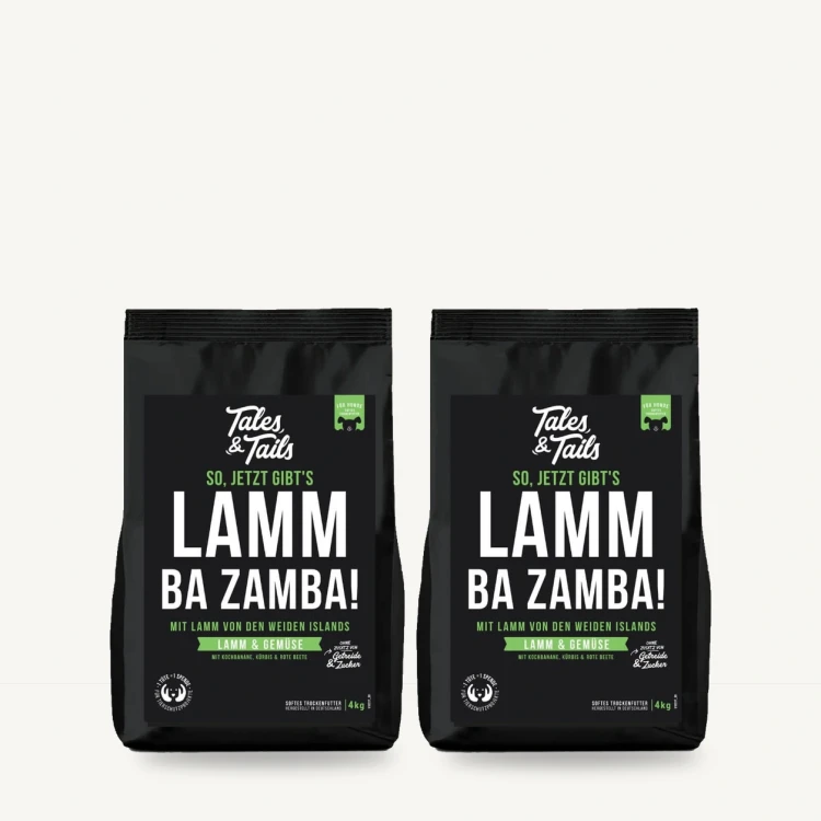 Zestaw Tales & Tails 2 × 4 kg z jagnięciną dla dorosłych psów na jasnym tle.