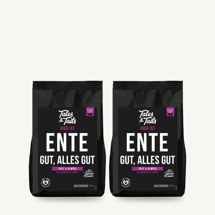 Zestaw Tales & Tails 2 × 4 kg z kaczką dla dorosłych psów na jasnym tle.