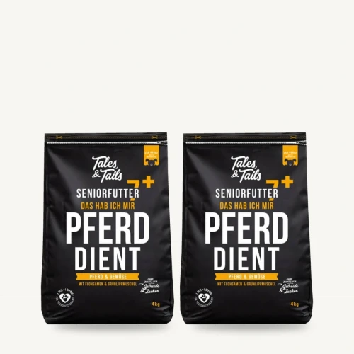 Zestaw Tales & Tails 2 × 4 kg z koniną dla seniorów na jasnym tle.