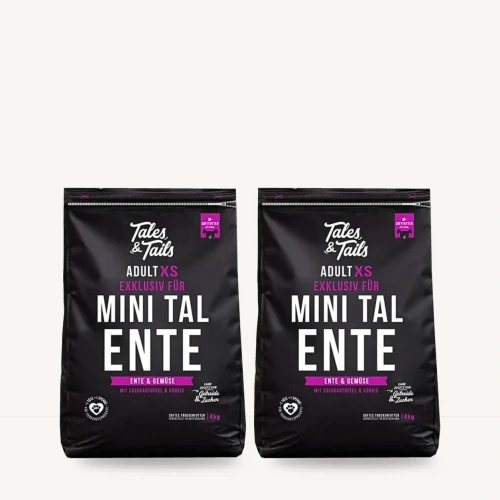Zestaw Tales & Tails 2 × 4 kg z kaczką dla dorosłych psów małych ras na jasnym tle.