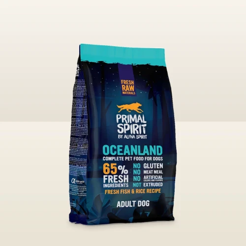 Worek karmy półwilgotnej Primal Spirit Oceanland 1 kg na jasnym tle.